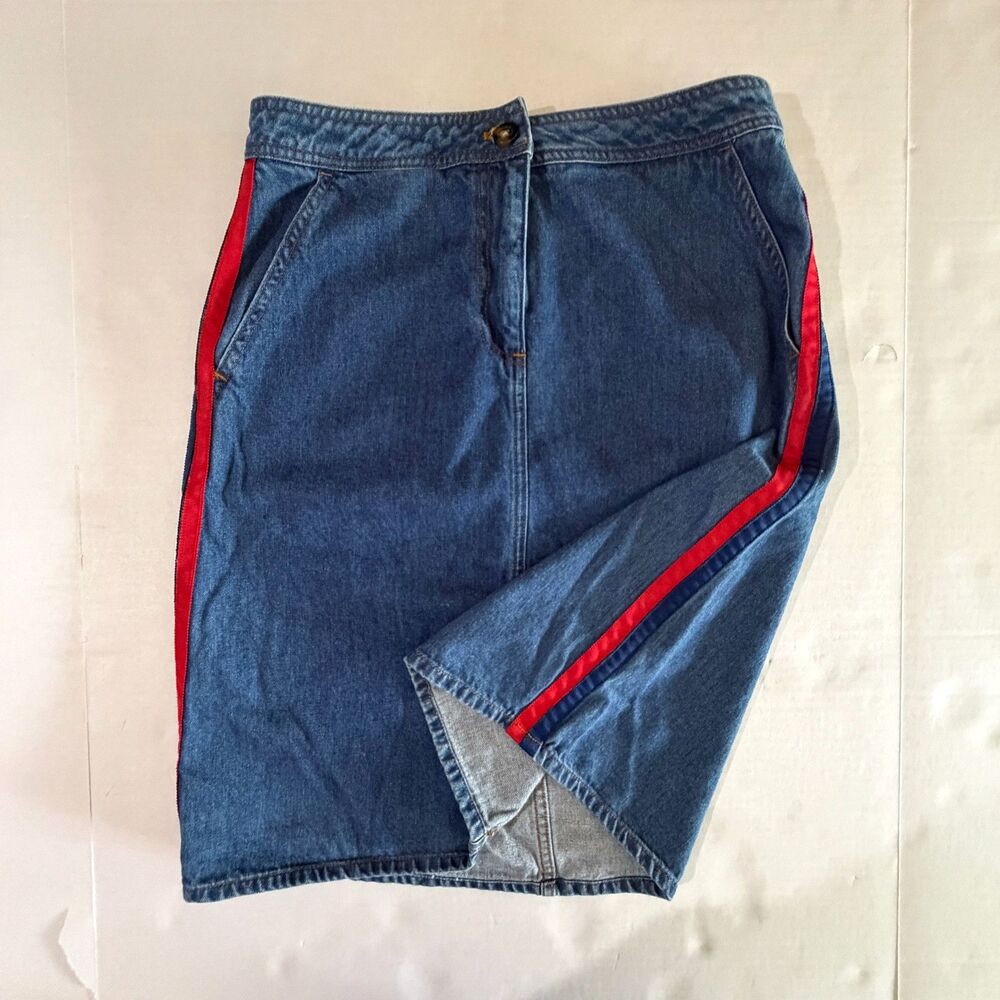 Boden, Penny Denim Knee Length Stripe Pencil Skirt, 6 Sporty Y2K Fall